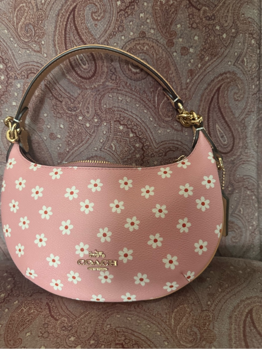 Coach Pink Floral Crescent Shoulder Bag with Gold Hardware